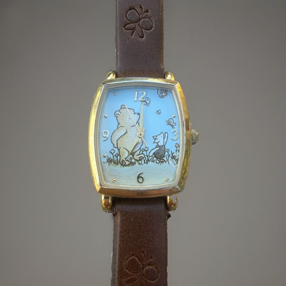 Disney Winnie the Pooh Quartz Watch Brown Leather Strap Gold-Tone Case Untested